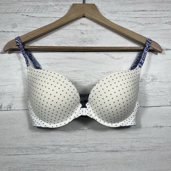 Victorias secret womens push up plunge front closure bra size 34D white blue - Picture 1 of 4